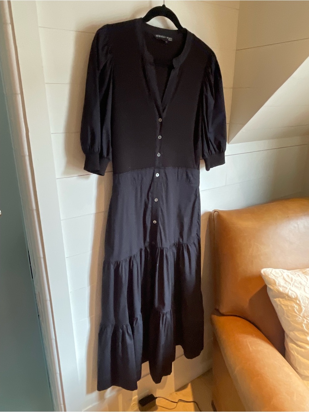 Veronica Beard Navy Button-Down Puff Sleeve Tiered Midi Dress